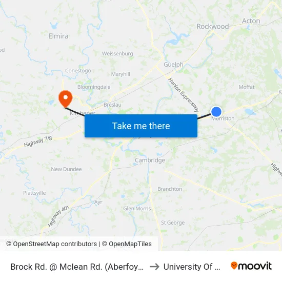 Brock Rd. @ Mclean Rd. (Aberfoyle) Park & Ride to University Of Waterloo map