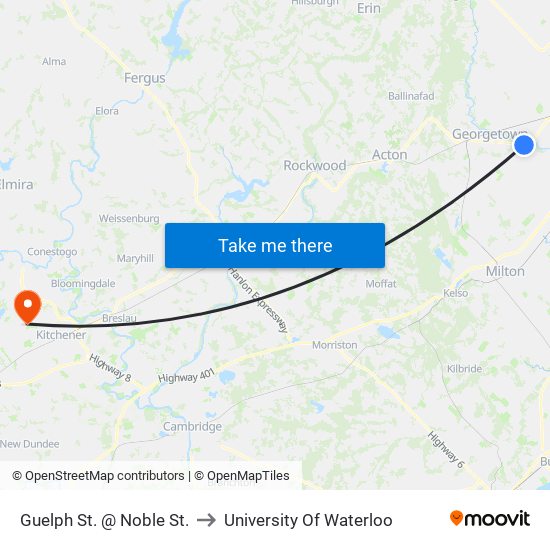 Guelph St. @ Noble St. to University Of Waterloo map