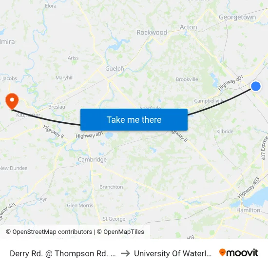 Derry Rd. @ Thompson Rd. S. to University Of Waterloo map