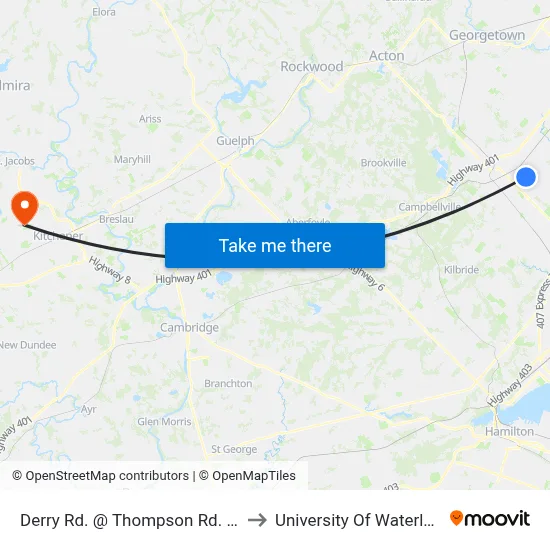 Derry Rd. @ Thompson Rd. S. to University Of Waterloo map