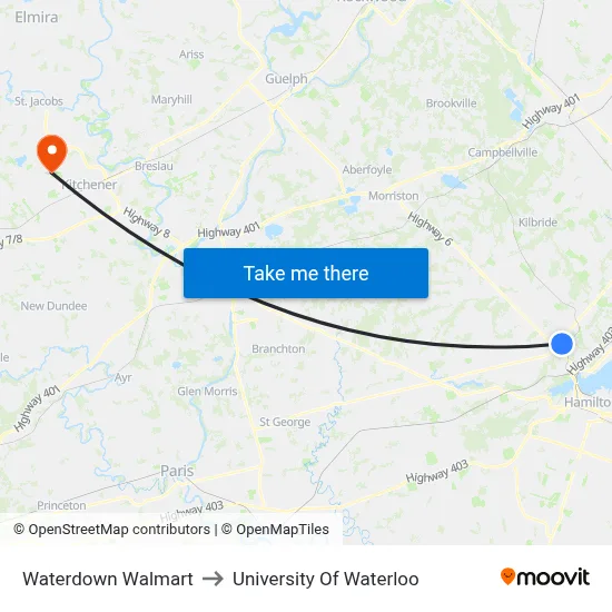 Waterdown Walmart to University Of Waterloo map