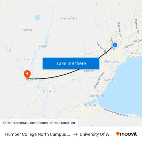 Humber College North Campus Platform 1 to University Of Waterloo map