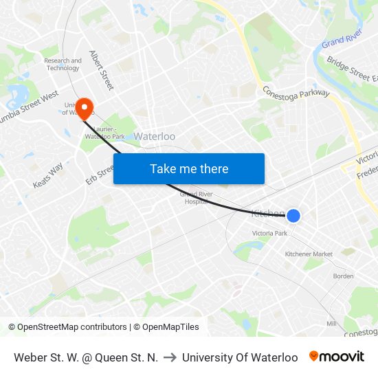 Weber St. W. @ Queen St. N. to University Of Waterloo map