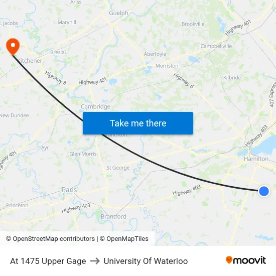 At 1475 Upper Gage to University Of Waterloo map