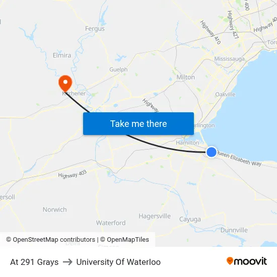 At 291 Grays to University Of Waterloo map