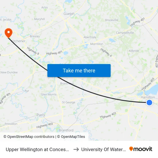 Upper Wellington at Concession to University Of Waterloo map