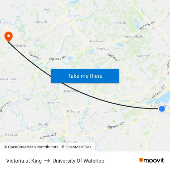 Victoria at King to University Of Waterloo map