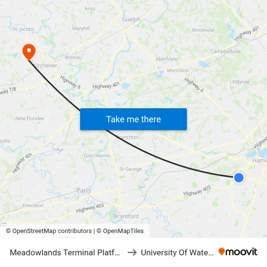 Meadowlands Terminal Platform 1 to University Of Waterloo map