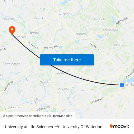 University at Life Sciences to University Of Waterloo map