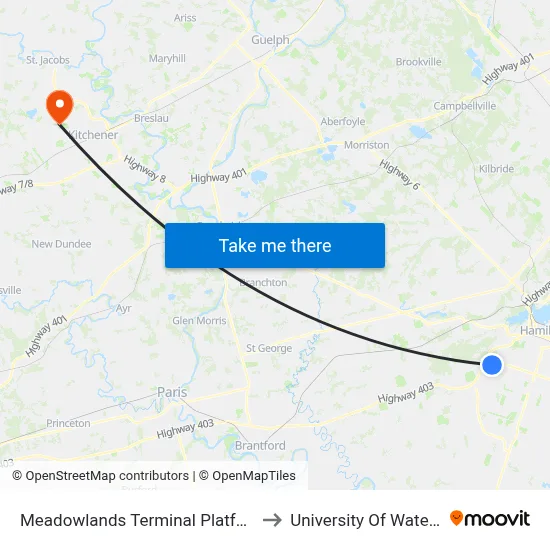 Meadowlands Terminal Platform 2 to University Of Waterloo map