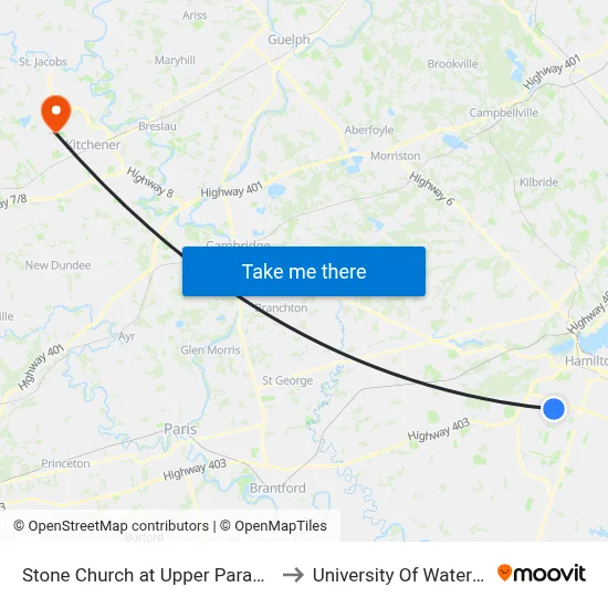 Stone Church at Upper Paradise to University Of Waterloo map