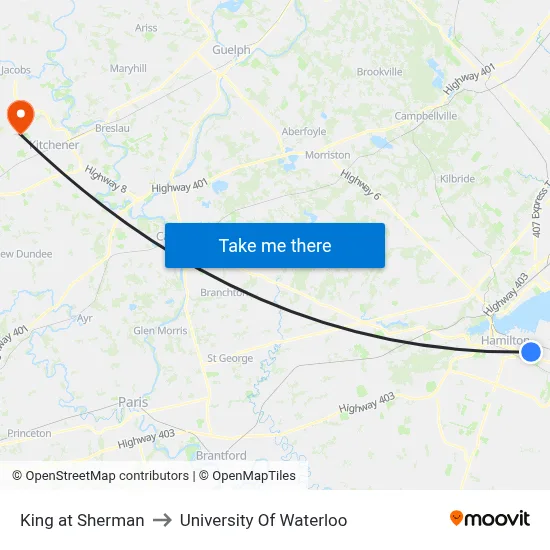 King at Sherman to University Of Waterloo map