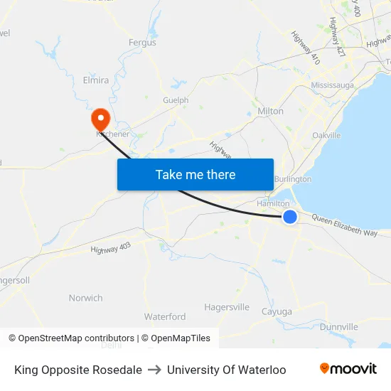 King Opposite Rosedale to University Of Waterloo map