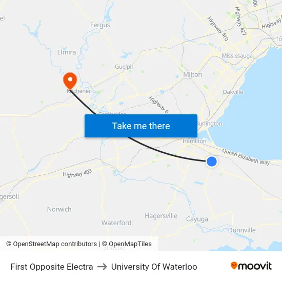 First Opposite Electra to University Of Waterloo map