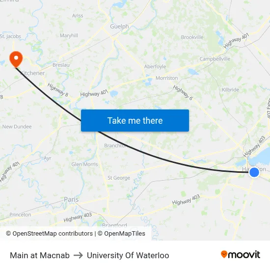 Main at Macnab to University Of Waterloo map