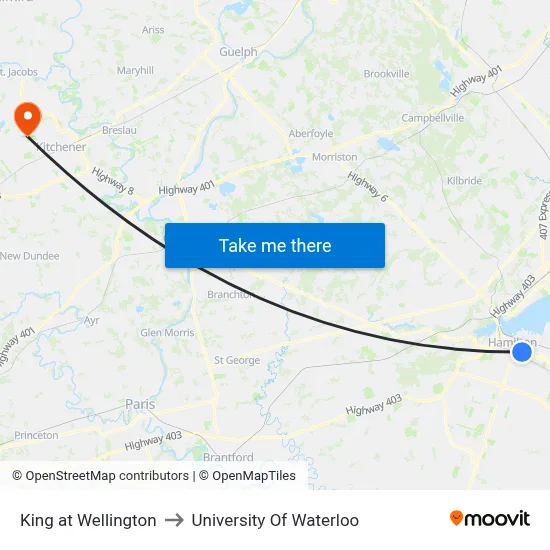 King at Wellington to University Of Waterloo map