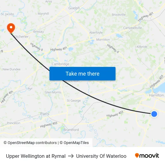 Upper Wellington at Rymal to University Of Waterloo map