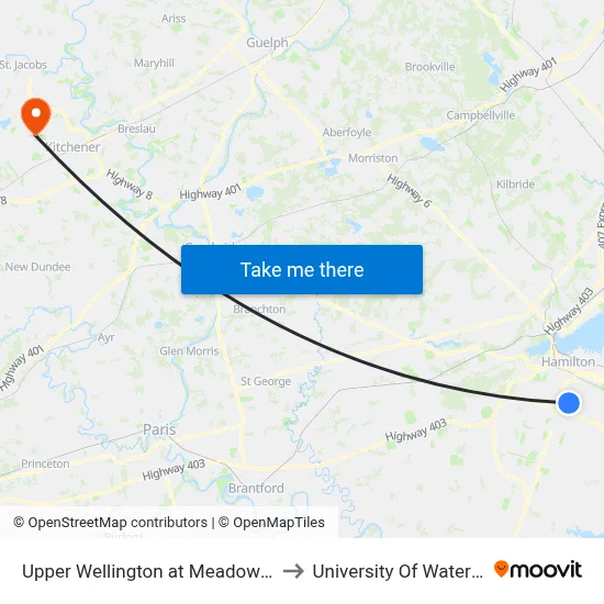 Upper Wellington at Meadowlark to University Of Waterloo map