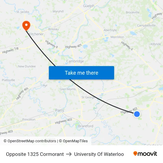 Opposite 1325 Cormorant to University Of Waterloo map
