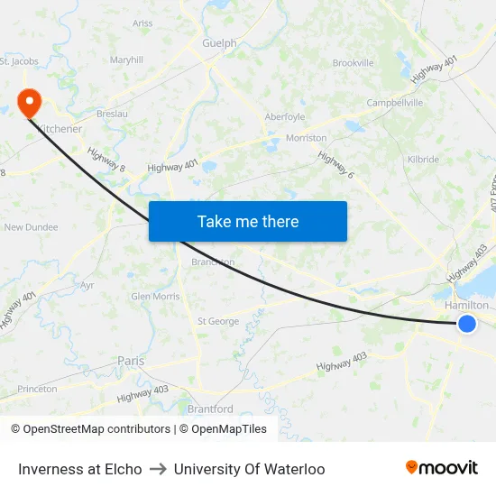 Inverness at Elcho to University Of Waterloo map
