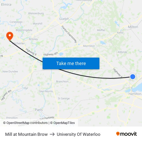 Mill at Mountain Brow to University Of Waterloo map