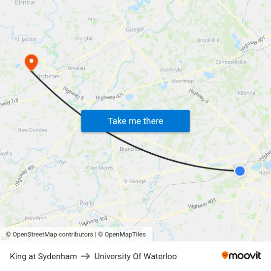 King at Sydenham to University Of Waterloo map