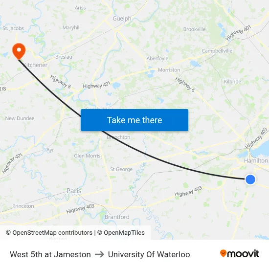 West 5th at Jameston to University Of Waterloo map