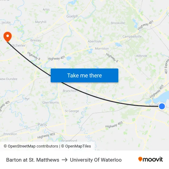 Barton at St. Matthews to University Of Waterloo map