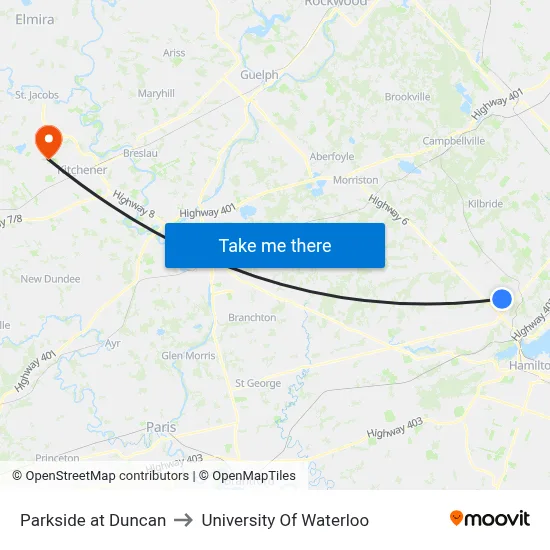 Parkside at Duncan to University Of Waterloo map