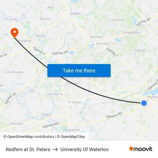 Redfern at St. Peters to University Of Waterloo map
