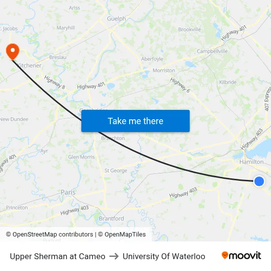 Upper Sherman at Cameo to University Of Waterloo map