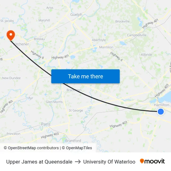 Upper James at Queensdale to University Of Waterloo map