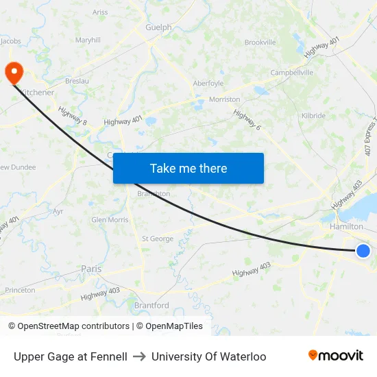 Upper Gage at Fennell to University Of Waterloo map