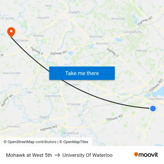 Mohawk at West 5th to University Of Waterloo map