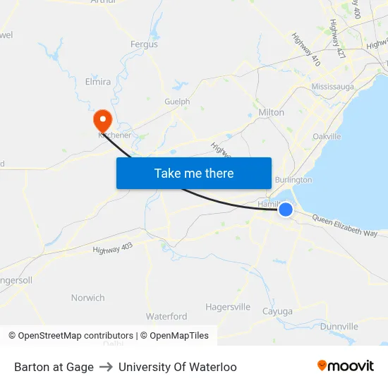 Barton at Gage to University Of Waterloo map