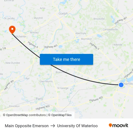 Main Opposite Emerson to University Of Waterloo map