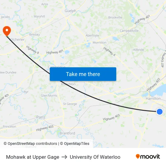 Mohawk at Upper Gage to University Of Waterloo map