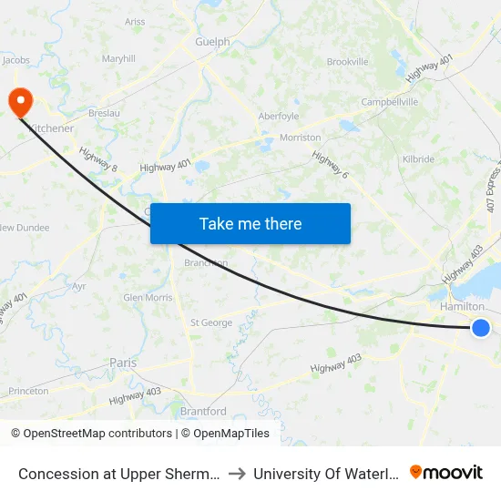Concession at Upper Sherman to University Of Waterloo map