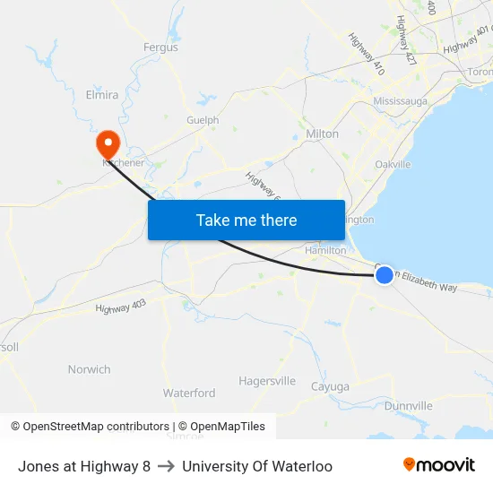 Jones at Highway 8 to University Of Waterloo map