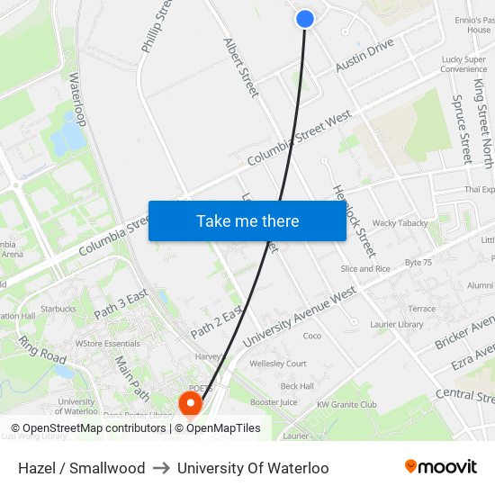 Hazel / Smallwood to University Of Waterloo map