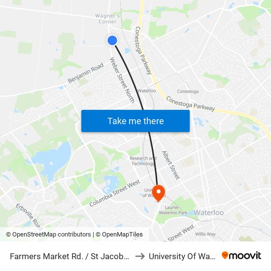 Farmers Market Rd. / St Jacobs Market to University Of Waterloo map