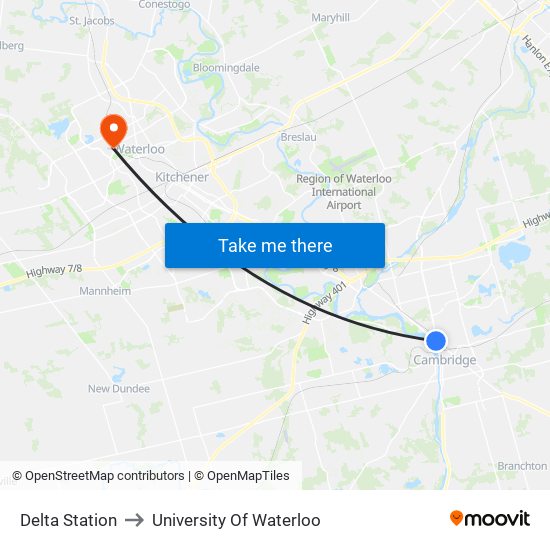 Delta Station to University Of Waterloo map