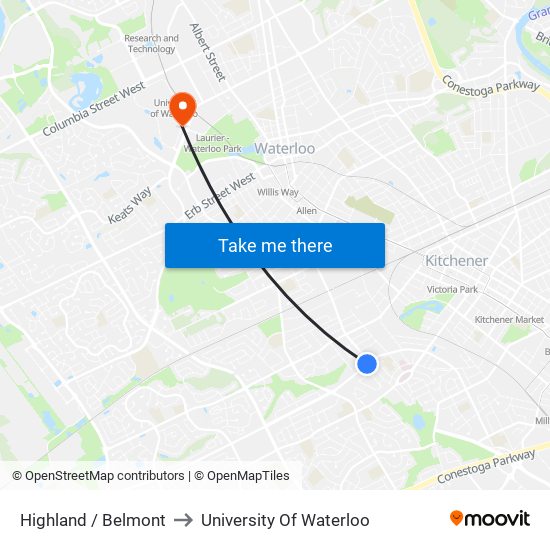 Highland / Belmont to University Of Waterloo map