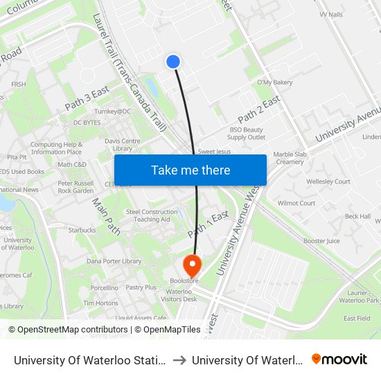 University Of Waterloo Station to University Of Waterloo map