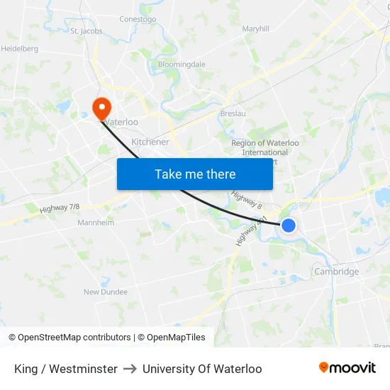 King / Westminster to University Of Waterloo map