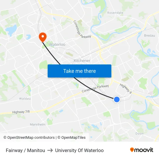 Fairway / Manitou to University Of Waterloo map