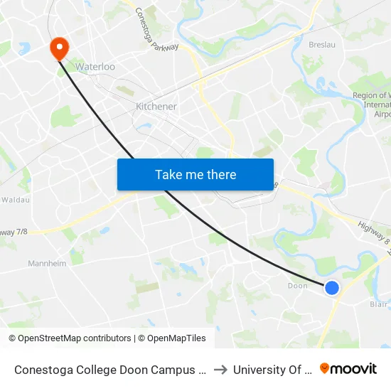 Conestoga College Doon Campus - Recreation Centre to University Of Waterloo map