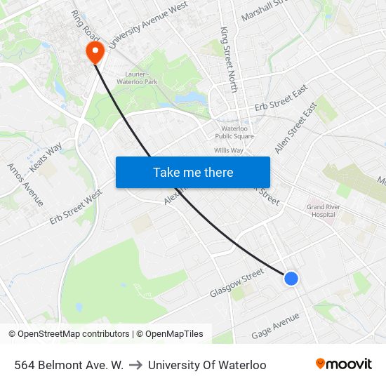 564 Belmont Ave. W. to University Of Waterloo map