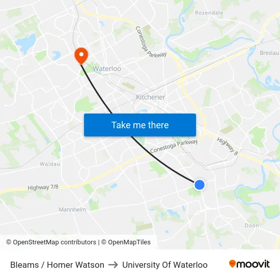 Bleams / Homer Watson to University Of Waterloo map
