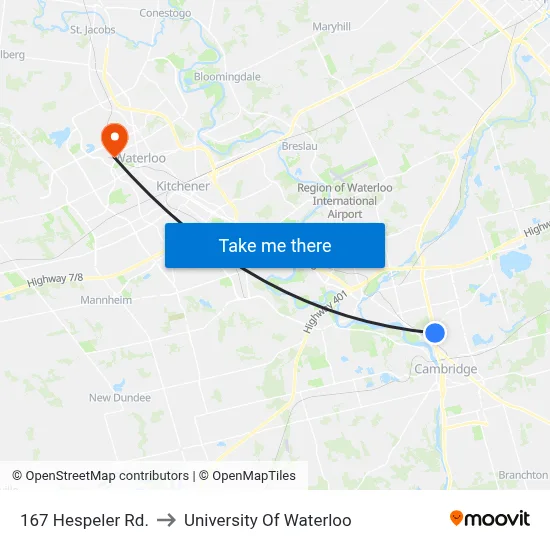 167 Hespeler Rd. to University Of Waterloo map